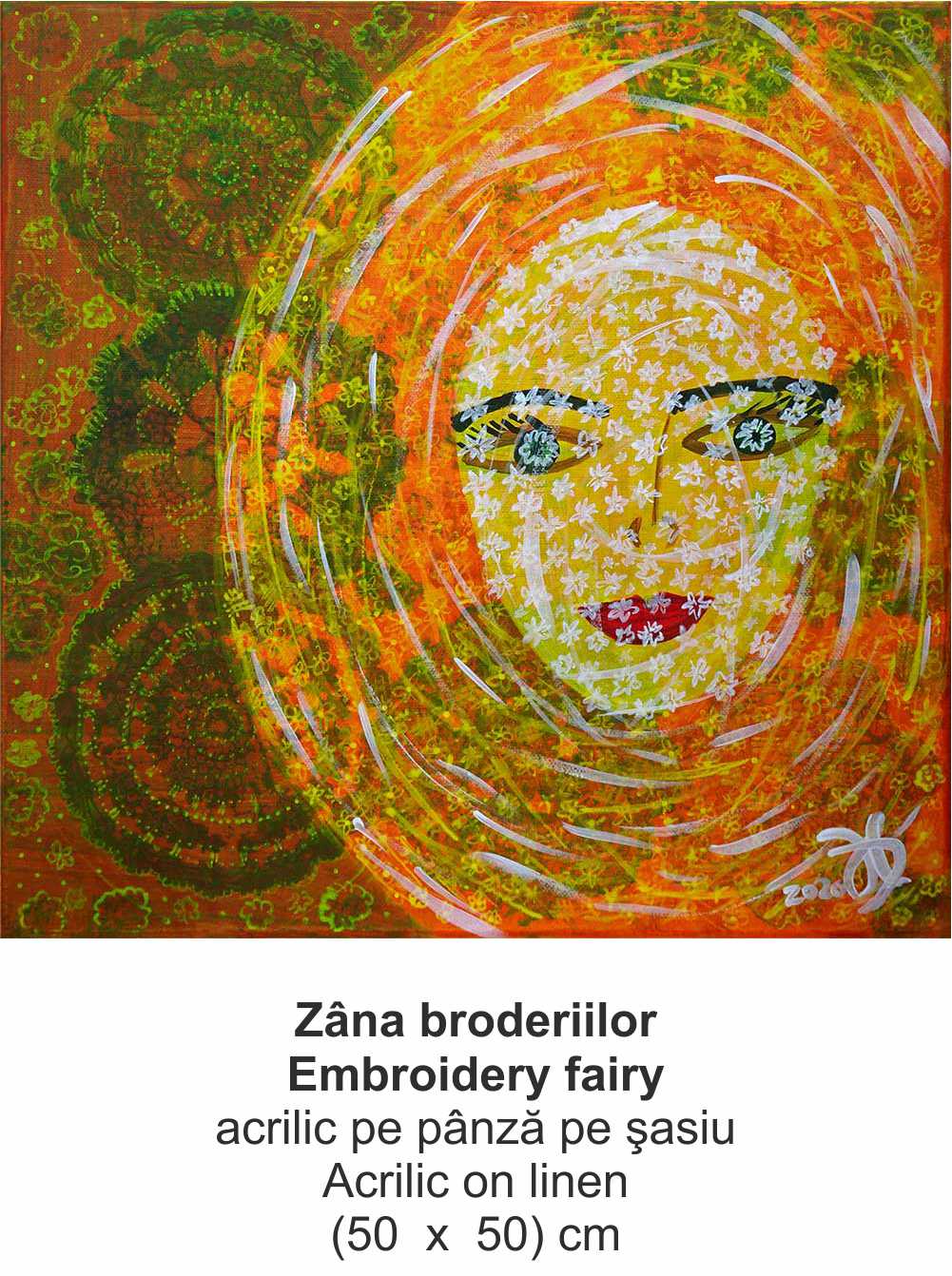 „Zâna broderiilor” („Embroidery fairy ”) - acrilic pe pânză pe şasiu (Acrilic on linen) - (50  x  50) cm - img 5